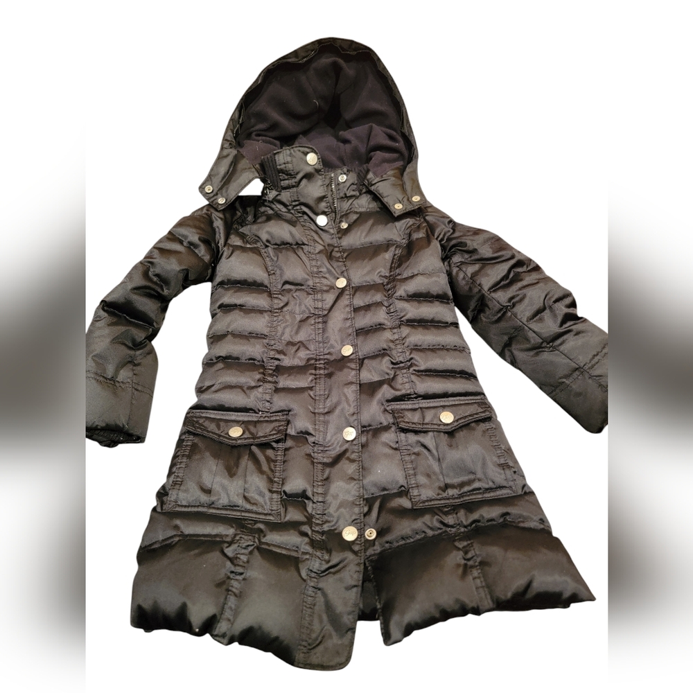 Gap Kids Black Long Puffer Hooded Pockets Zip Front Jacket Coat Girl Size XSmall